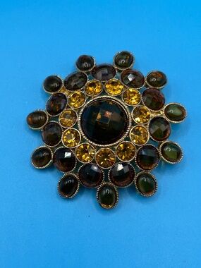 Vintage Sunburst Brooch with Amber and Brown Stones